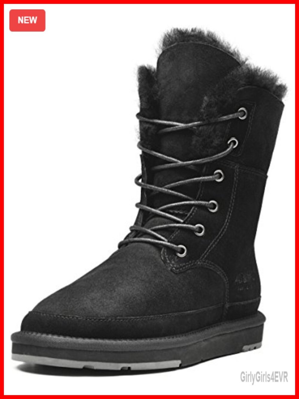 AU&MU Womens Shearling Sheepskin Suede Mid Calf Snow Boots Lace Up Flat Fur